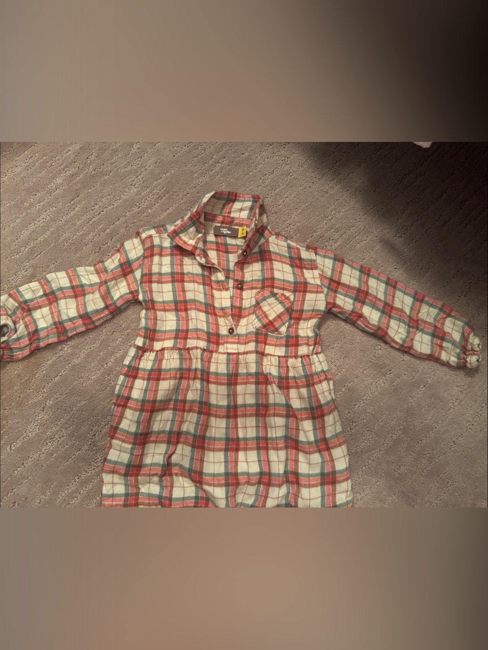 Girls Button-Front Flannel Plaid Shirt Dress in Cream & Red